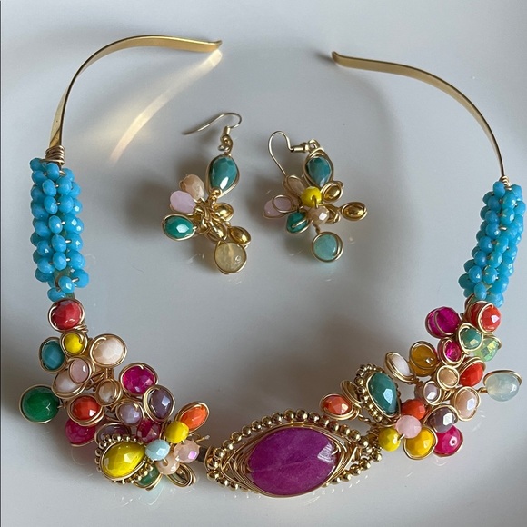 Colorful Gemstone Choker and Earring Set - Picture 3 of 4